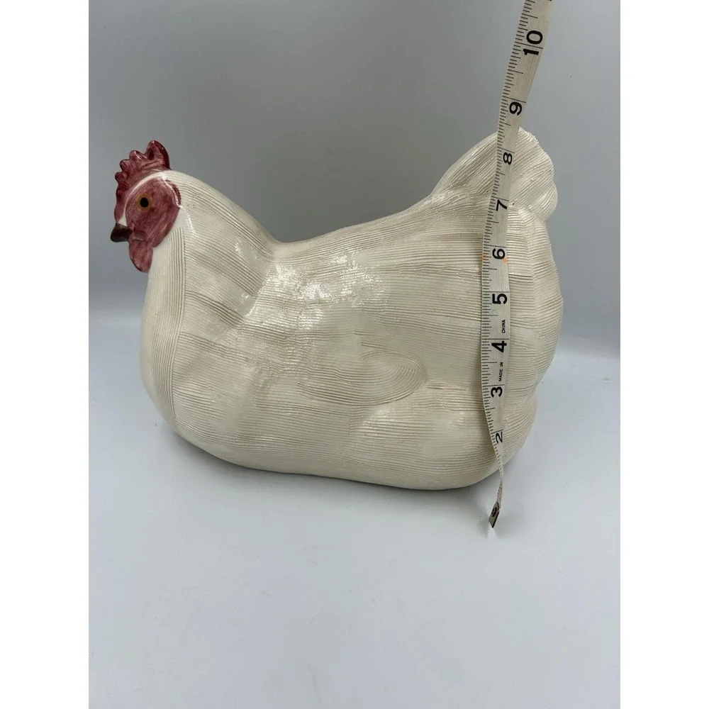 Vintage White Ceramic Chicken Hen Figurine with Red Comb, Approx 9in L x 8in T